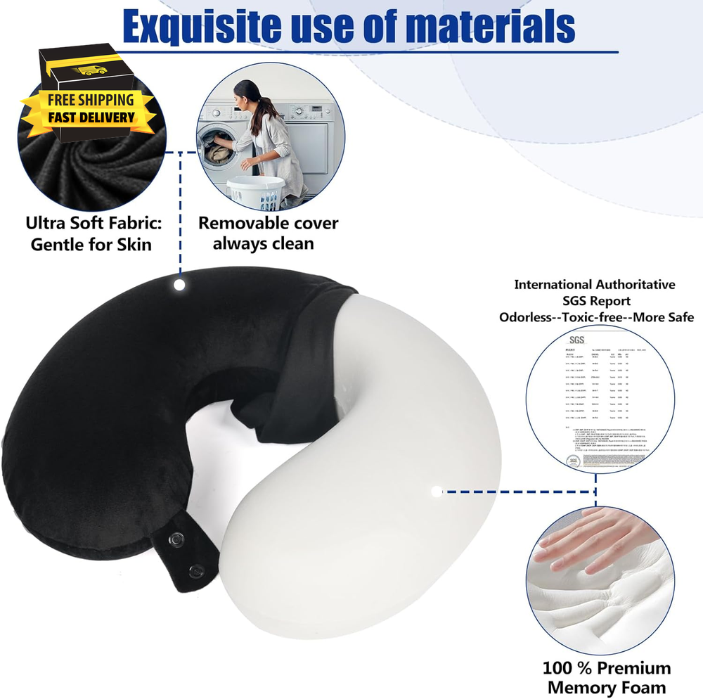 Memory Foam Travel Neck Pillow for Airplane Comfort and Support