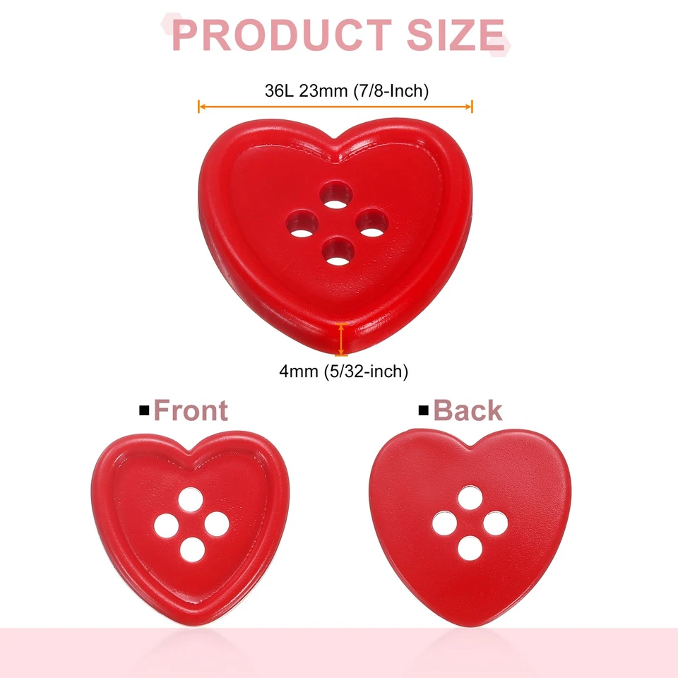 40pcs Heart Resin Sewing Button, 23mm 7/8" 4 Hole Sweater Buttons, Red - Image 2 of 4