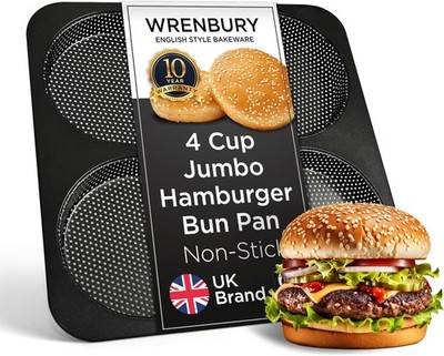 Hamburger Bun Pan Carbon Steel Nonstick - 4-Cavity Baking Mold | for Homemade Bu