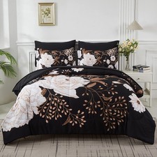 7 Piece Bed in a Bag Queen Comforter Set Botanical Floral Bedding Set,White F...