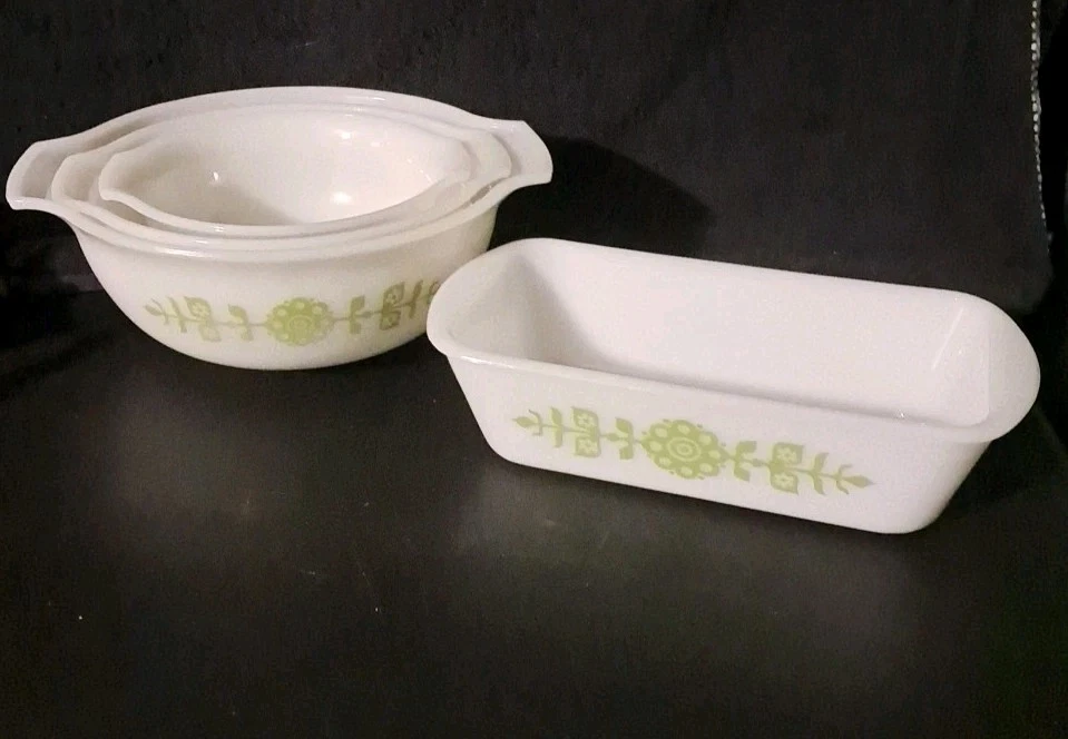 VINTAGE MILK GLASS CINDERELLA W/GREEN FLORAL MIXING BOWLS (3) LOAF PAN