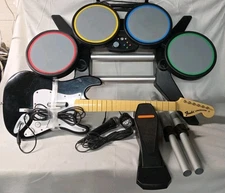 Xbox 360 Rock Band Drums w/ Pedal, Guitar & Microphone All Wired No Sticks, Game