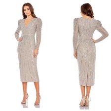 Mac Duggal 93676 Long Sleeve Sequin Midi Dress - Taupe - 20 - New with tags