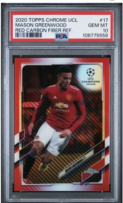 #ad 20 21 Topps Chrome UCL Red Carbon Fiber Refractor Mason Greenwood PSA 10 POP 4 $350.00