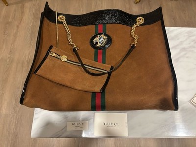 NWT Gucci Women s Large Rajah Suede Calf Leather tote with strips