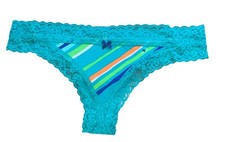 Aerie Womens Lace Trim Thong Panties Green Stripe size Medium NEW
