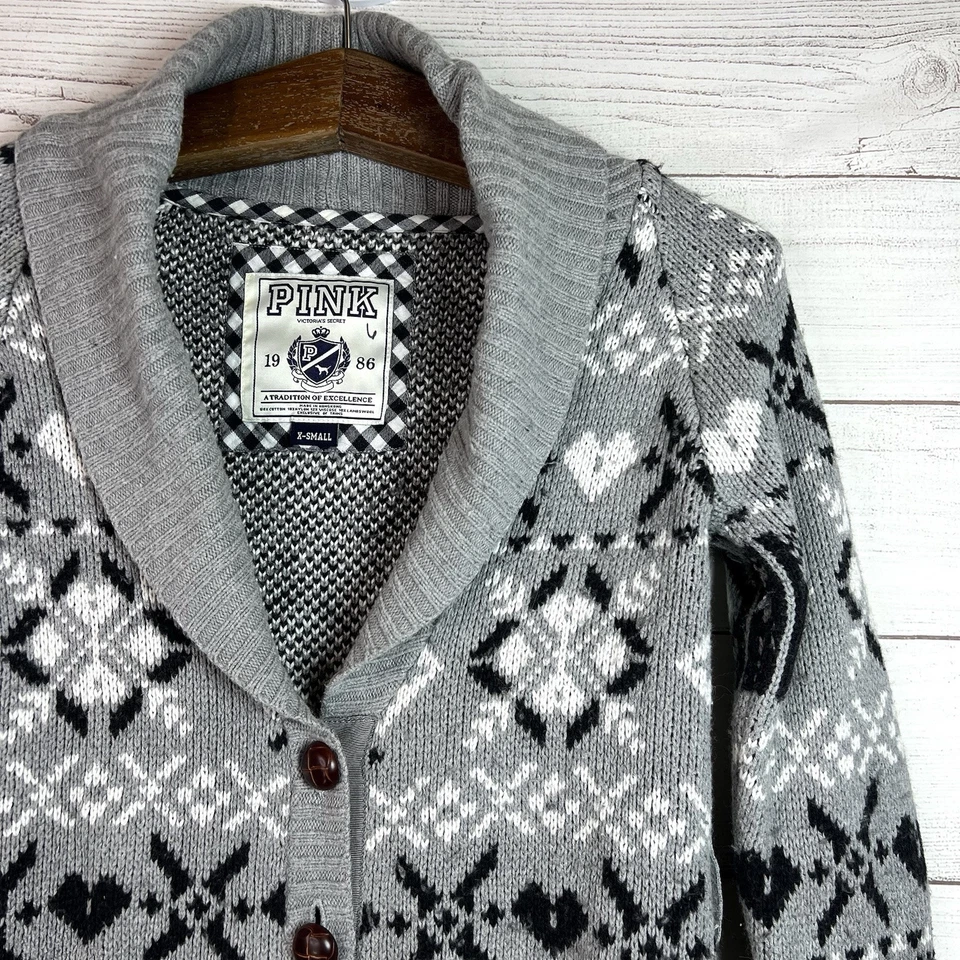 Cárdigan Victoria’s Secret Rosa Vintage Y2K Gris Negro Tejido Chal Cuello Talla XS Foto 4 de 4
