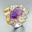 Flower carving 14 ct Natural Amethyst Ring 925 Sterling Silver Size 8 /R454761