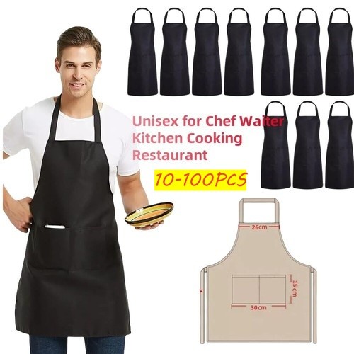 10 Pack Heavy Duty Black Bib Aprons w/Pockets - Adjustable Chef Waiter Kitchen 