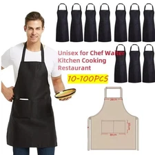 10 Pack Heavy Duty Black Bib Aprons w/Pockets - Adjustable Chef Waiter Kitchen 
