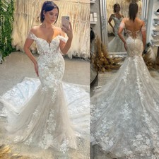 Luxury Wedding Dresses Mermaid Off Shoulder Lace Ivory White Glitter Bridal Gown