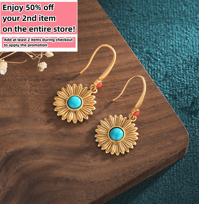 Bohemian Turquoise Gemstone Drop Earrings  Dainty Sunflower 18K Gold Plated Hook