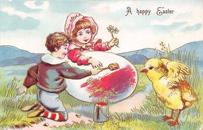 Easter~Victorian Boy~Sunbonnet Girl Paints Huge Egg~Chick~Gold Leaf Emb~Germany