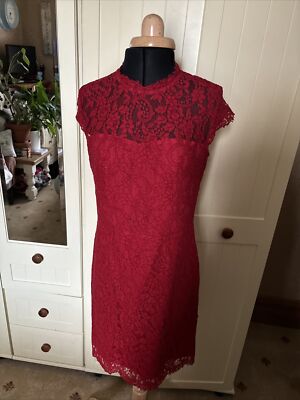 ESPRIT Ladies Knee Length Dress Size 10 Red Lace Cotton Blend  Cap Sleeve Lined