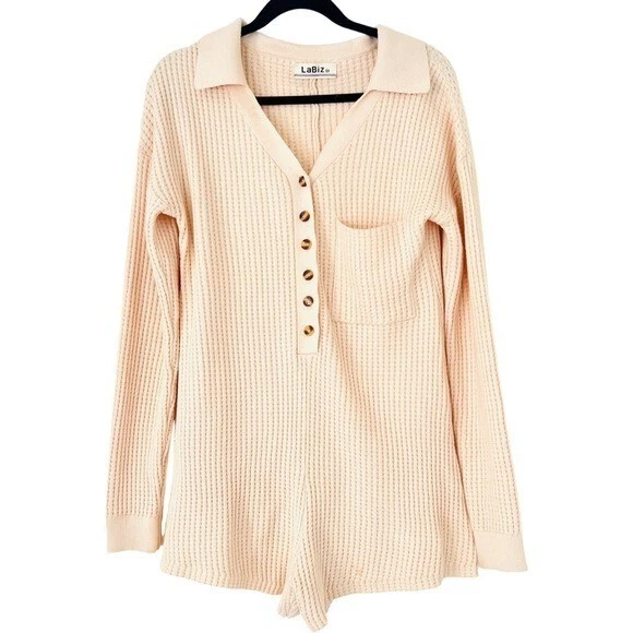 LEBIZ Long Sleeve Ribbed Button Down Romper in Cream Size S - Image 2 of 4