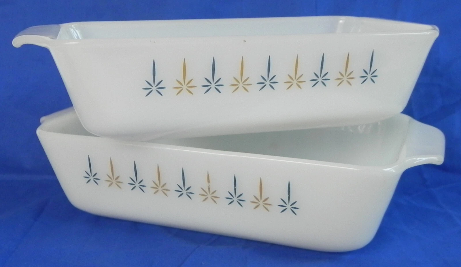 2 Fire King Loaf Pans #441, 1 Qt White Milk Glass, Candle Glow Pattern, USA, VG
