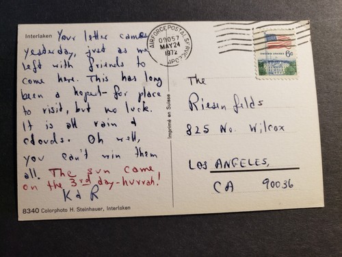 APO 09057 INTERLAKEN, RHEIN MAIN, GERMANY 1972 Air Force Postcard w/ note - Picture 2 of 2