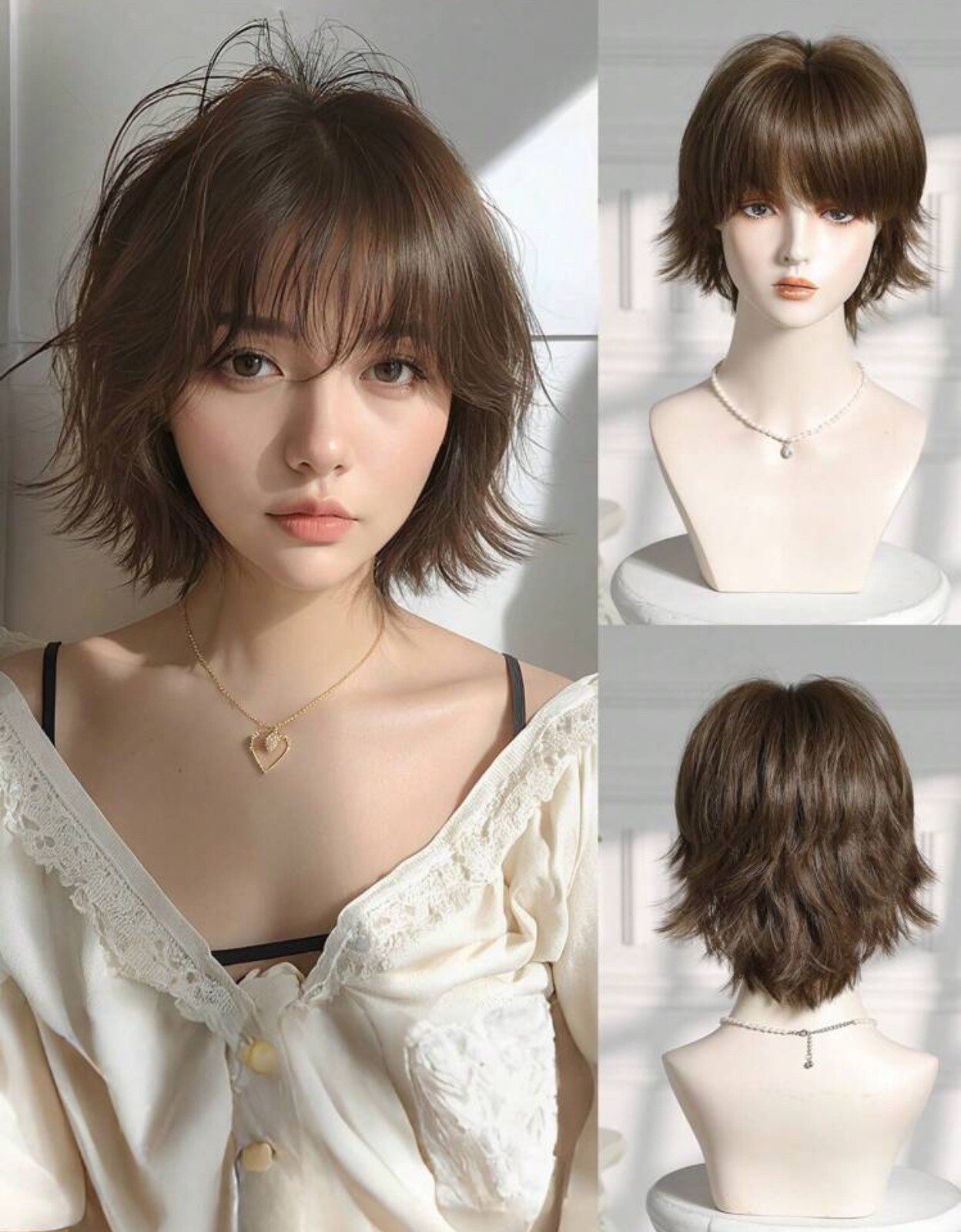 Perruque synthétique premium brune coupe courte pixie chic et naturelle collection Élégance