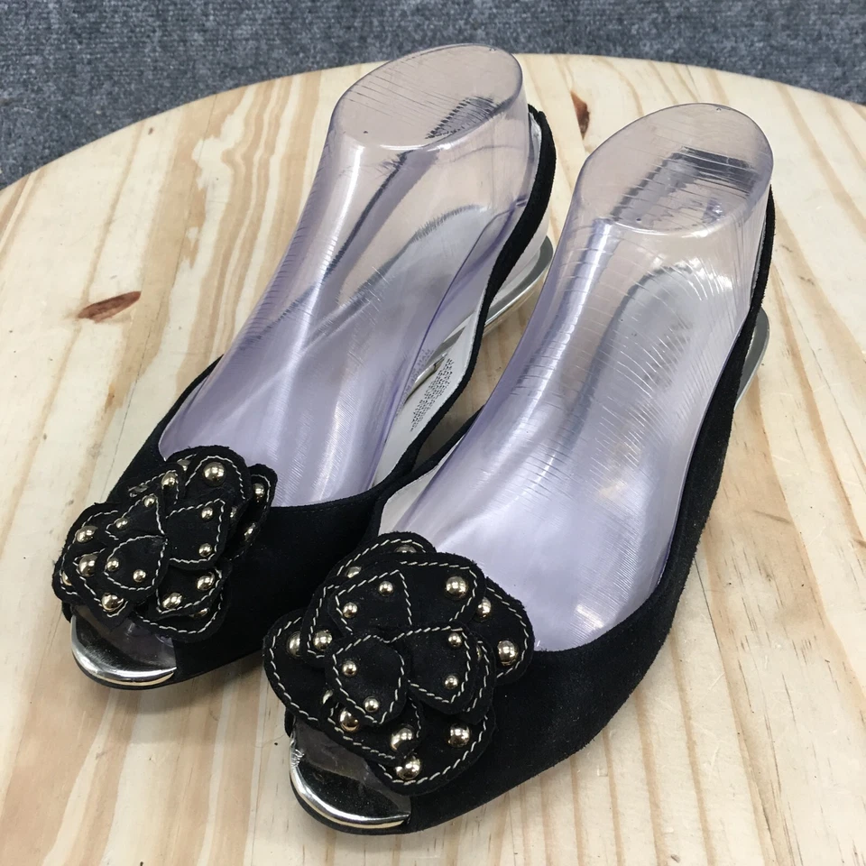 Anne Klein 凉鞋女式 7.5 Farrah 露跟黑色皮革一脚蹬楔形高跟鞋 — 第 3/4 张图片