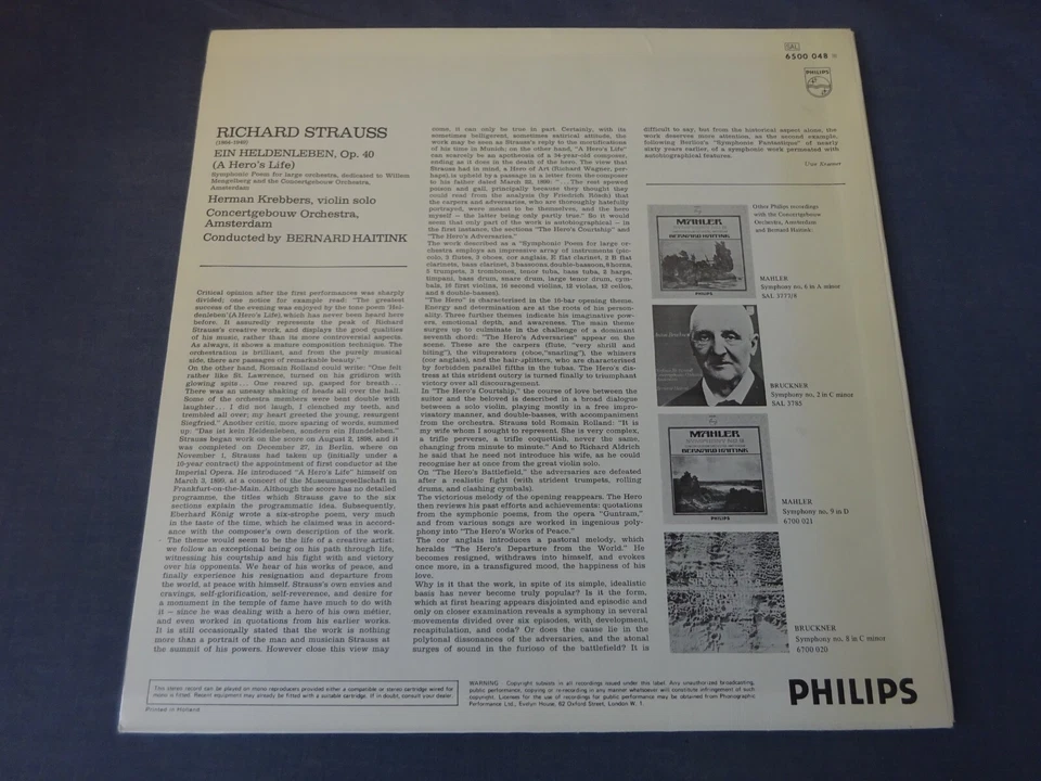 NM RICHARD STRAUSS - EIN HELDENLEBEN LP, COA, Haitink, PHILIPS 6500 048 - Image 2 of 4