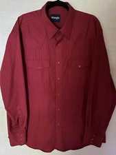 Men s Wrangler Western Cowboy Burgundy Shadow Stripe Pearl Snap Dress Shirt XL