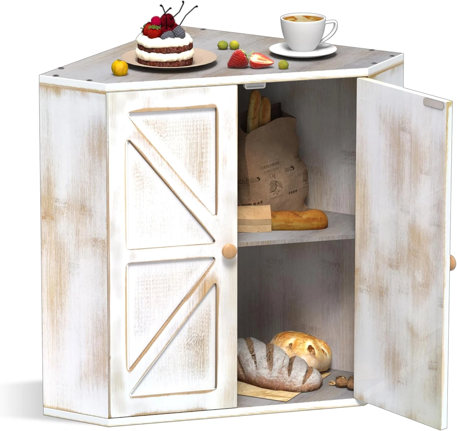 Double Layer Bamboo Corner Bread Box - Vintage White Kitchen Organizer