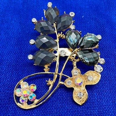 Vtg Brooch Estate Black Sapphire? Aurora Borealis Pear Shape C-Catch Clasp USA