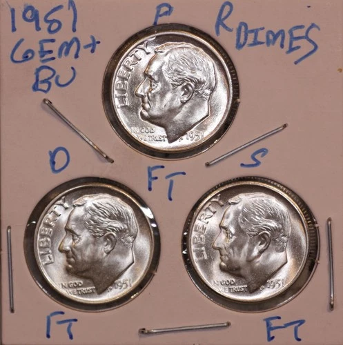 1951 P D S SILVER ROOSEVELT DIME GEM BU ALL FULL BANDS! KEY DATES 511062
