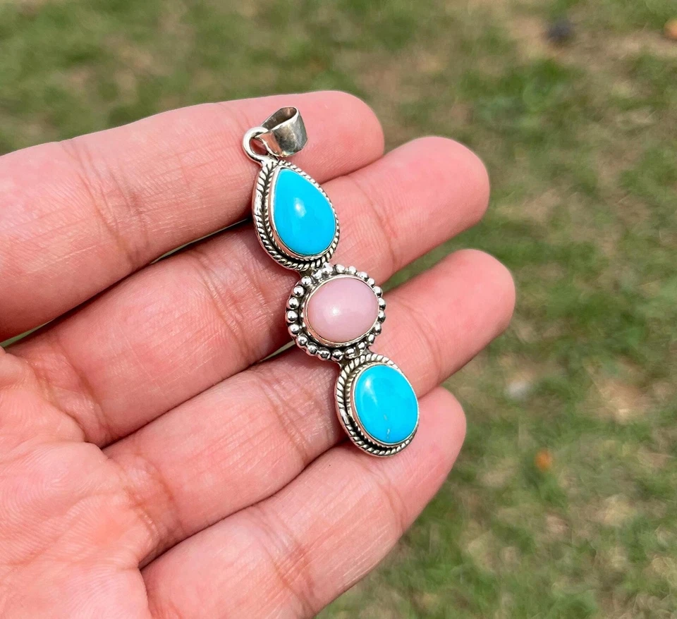 Collar de piedras preciosas boho de plata esterlina con colgante turquesa ópalo rosa hecho a mano Foto 2 de 3