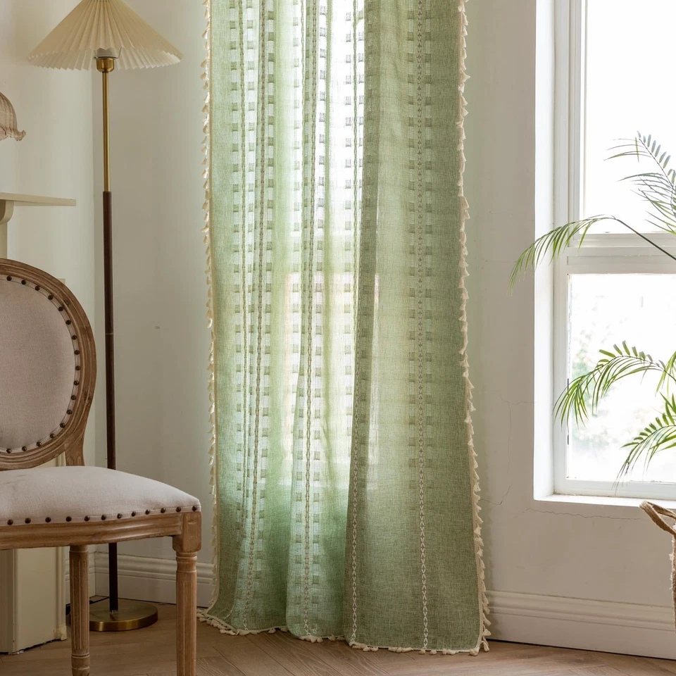 Cortinas Boho Verde Salvia 96 pulgadas de Largo 2 Paneles para Dormitorio Salón, Vintage... Foto 3 de 4