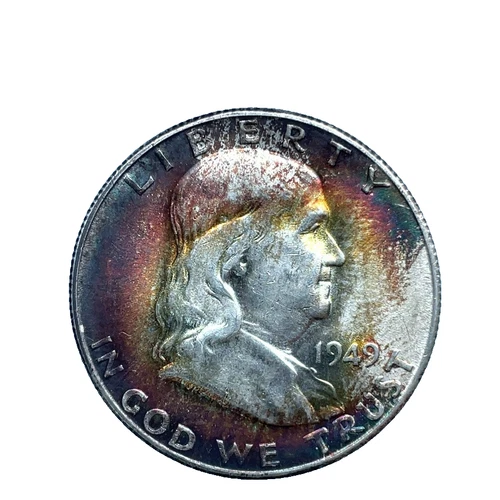 1949 S/S RPM-001 Franklin 50c Half Dollar, Unc Rainbow Toned 90% Silver Coin #50