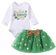 Baby Girls St Patrick s Day Outfit 6-12 Mos Green Gold Tutu Skirt Bodysuit Set