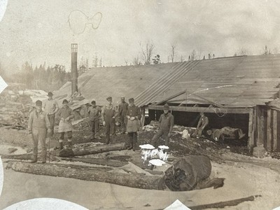 Logging Mill Photo Lumber Camp Workers  Mill Near Pelican Lake  Antique 10''x8''
