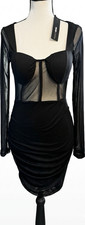 Fashion Nova Black Mesh Ruched Bodycon Mini Dress Long Sleeve Square Neck S
