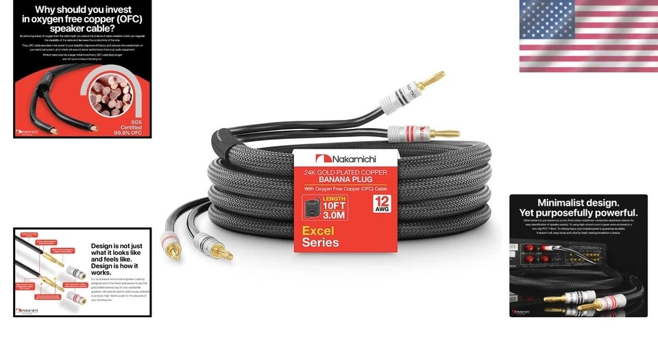 10 Feet OFC Speaker Cable & 24k Gold Plated Plugs - Durable Hi-Fi Audio Solution - Image 2 of 4