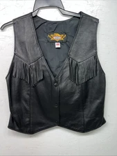 New Women’s Universal Rider Black Leather Fringe Biker Vest Large S-600