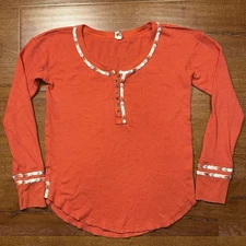 We the Free People Thermal Henley Top L Orange Shirt Boho Retro Hippie Earthy