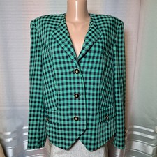 VTG Basler Green Plaid Blazer Jacket 1980s Power Shoulder Wool Blend Sz US 16