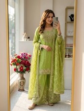 Presenting New Pure Silk Green Top Palazzo With Dupatta For Reception Wear