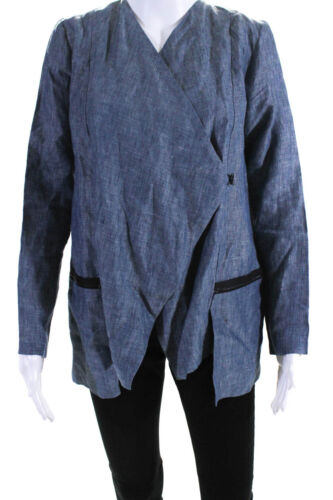 Matthildur Womens Linen Asymmetrical Buttoned Long Sleeve Blazer Blue Size P - Picture 1 of 7
