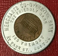 ENCASED COIN XF/AU 1969 S MERCHANTS CO-OPERATIVE BANK BOSTON MASS-OCT609