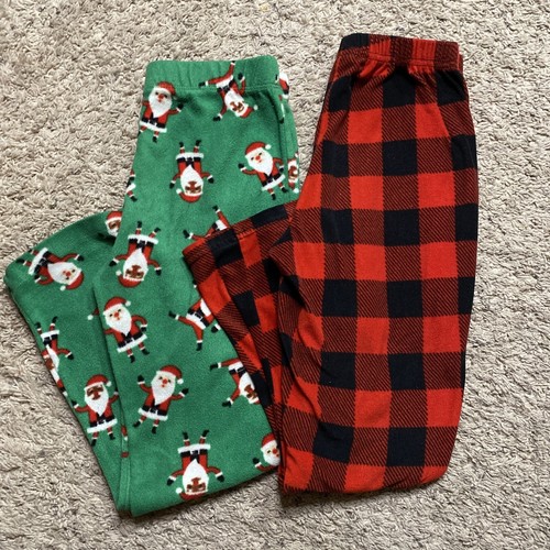 Boys Fleece Pajama Pants 2 Pair Medium 8-10 Black Red Buffalo Check Santa Claus - Picture 2 of 11
