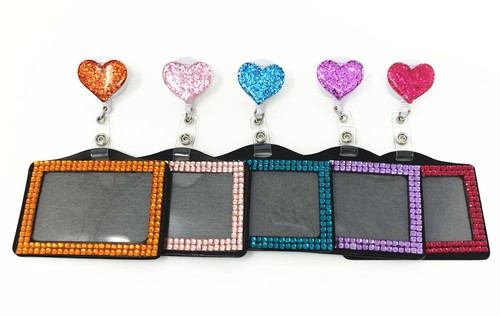 Bling Glitter Cuore Retrattile Mulinello Clip Girevole con Porta Badge ID Orizzontale - Foto 1 di 16