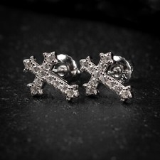 White Gold Plated 925 Sterling Silver Iced Cz Men Cross Stud Screw Back Earrings