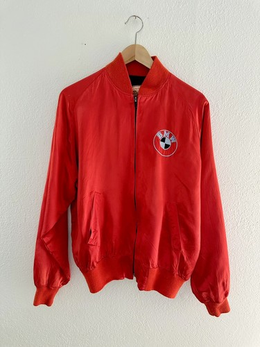RARE VTG 70s 80s BMW Red Satin Bomber Jacket S M Leather Works USA Made Vintage