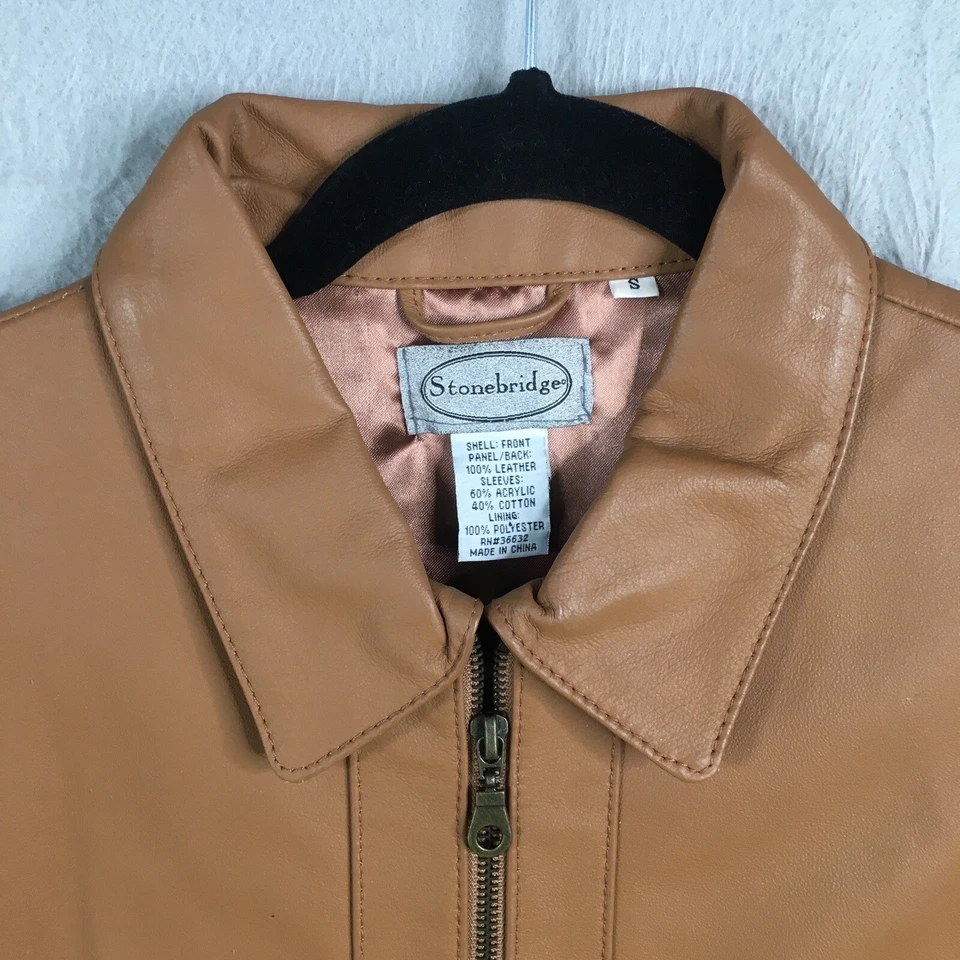 Chaqueta de cuero Stonebridge vintage para mujer pequeña marrón suéter mangas retro Foto 4 de 4