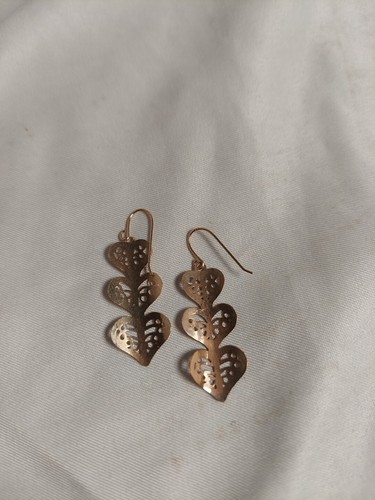 18K Gold over 925 Silver Filigree Three Heart Drop Earrings - Picture 2 of 2
