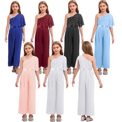 Girls Sequin Jumpsuit One Shoulder Sleeveless Chiffon Formal Romper Wedding - Picture 6 of 72