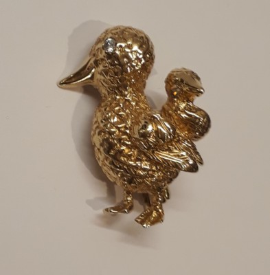 Brosche 9 kt 375 GELBGOLD CZ klare Zirkonia VOGEL Ente Küken OSTERN 