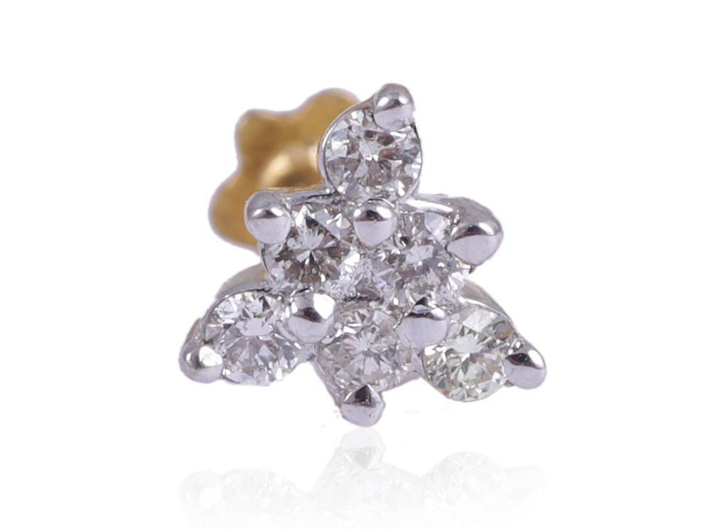 Percing Nez Diamants 0,14 Carats Or 18k - Stud Fleur, Diamants Ronds Naturels H SI1 - Taille Ajustable 20g